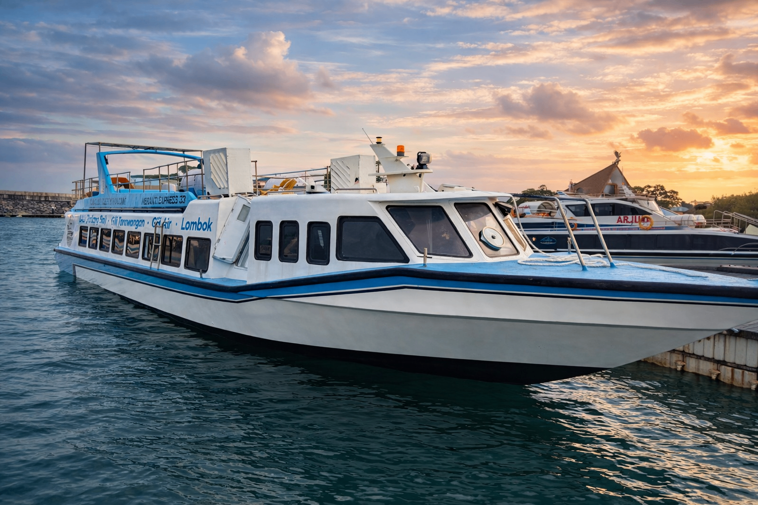 WATERJET.id speedboat at the pier at sunset on Bali