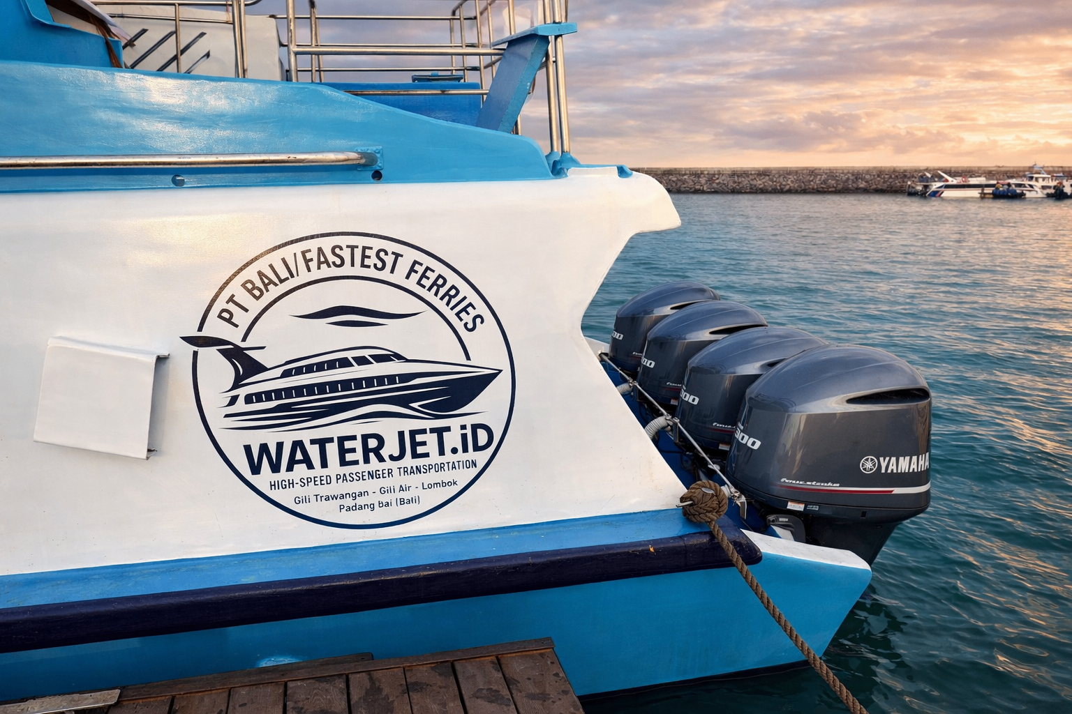 WATERJET.id logo on the hull of an operating boat with Yamaha engines